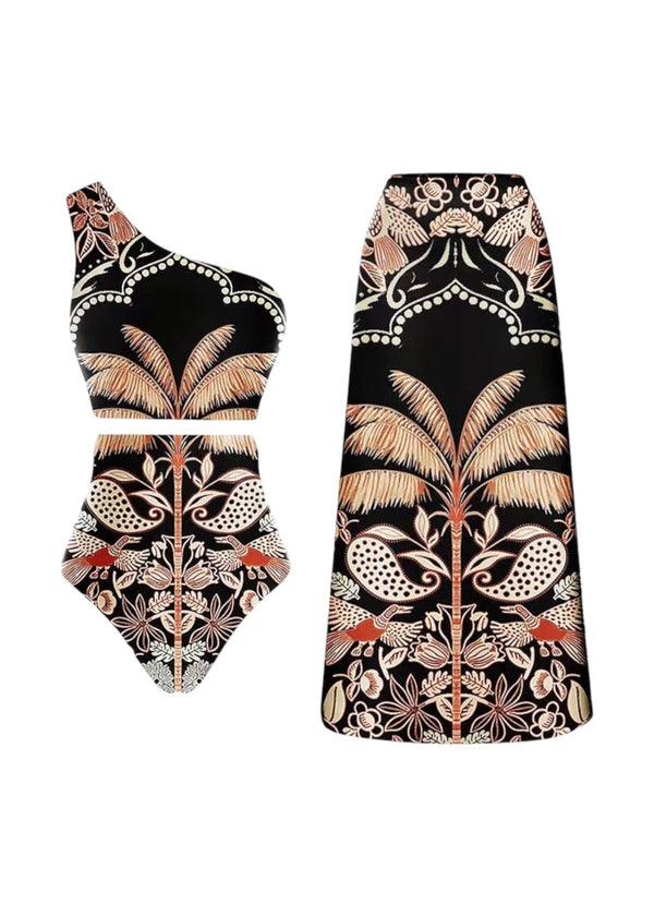 One Shoulder Two-Piece Swimsuit & Skirt African Print Beach Set