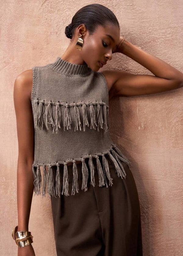 Sleeveless Mock Neckline Fringe Knit Top