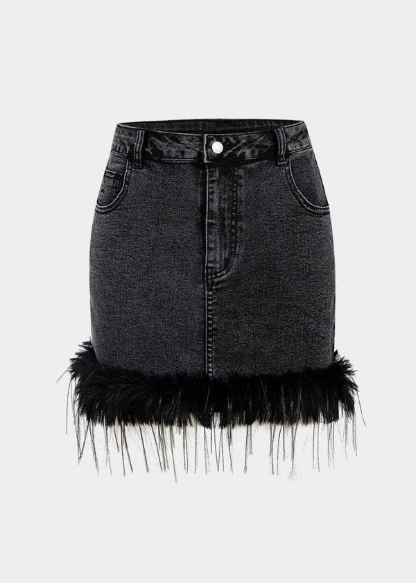 Fuzzy Trim Denim Mini Skirt