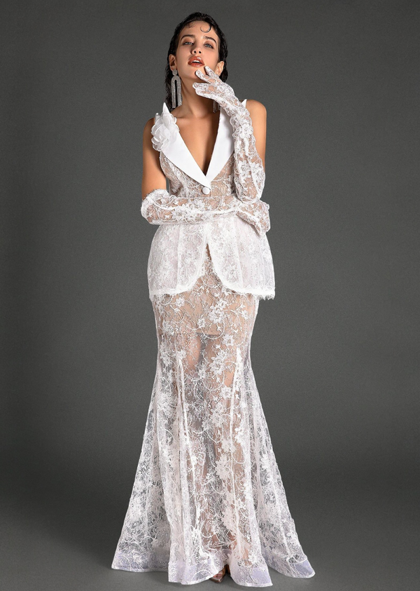 Lace Deep V-Neck Lapel Peplum Mermaid Gown with Gloves