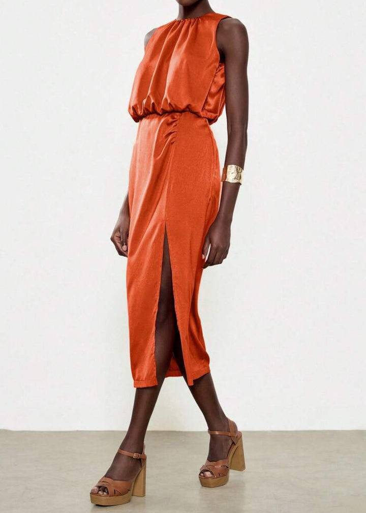 Sleeveless Side Slit Ruched Midi Dress