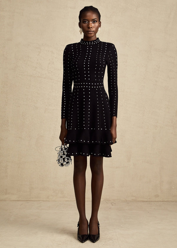 High Neck Studded Tiered Skirt Dress