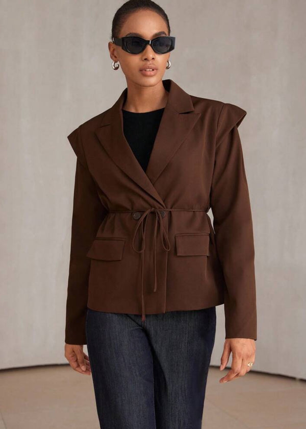 Lapel Collar Tie Waist Shoulder Detail Jacket