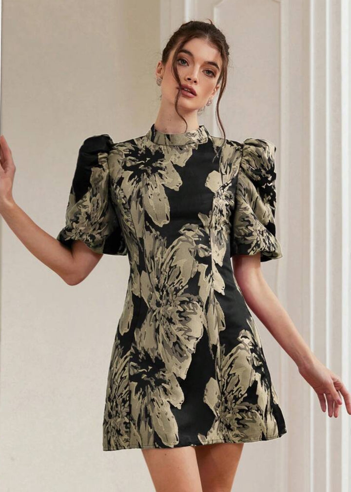 Jacquard Puff Sleeve Mock Neck Dres