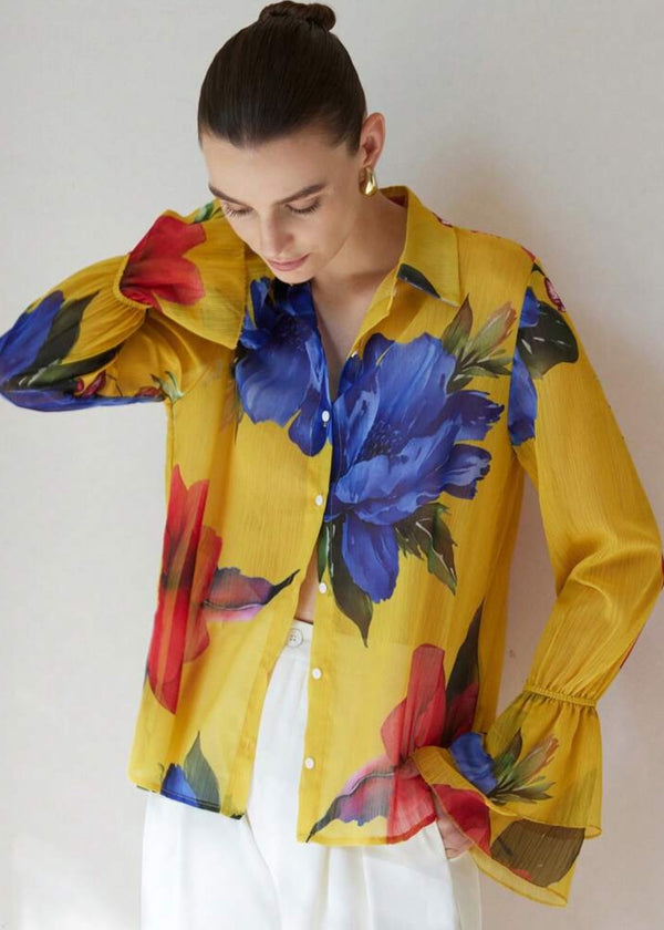 Floral Print Bell Cuff Button Up Shirt