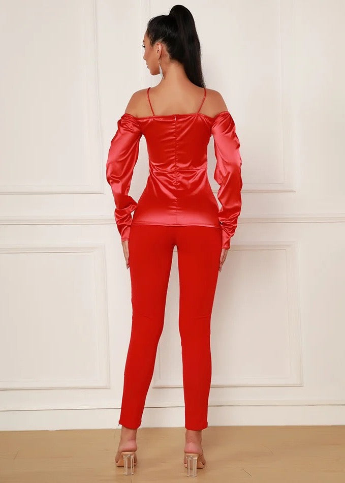 Satin Blouse & Eco-Leather Tight Pants Two-Piece Set