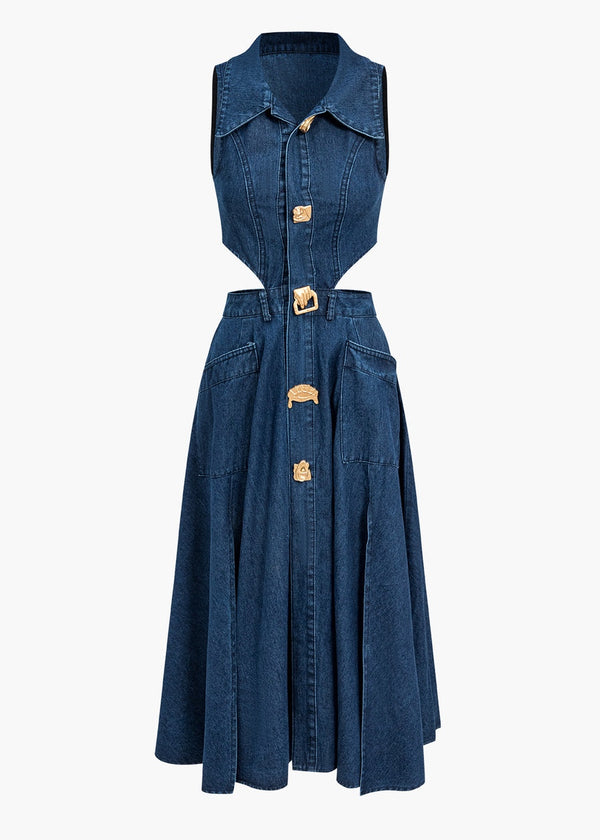 Button Decor Cutout Denim Dress