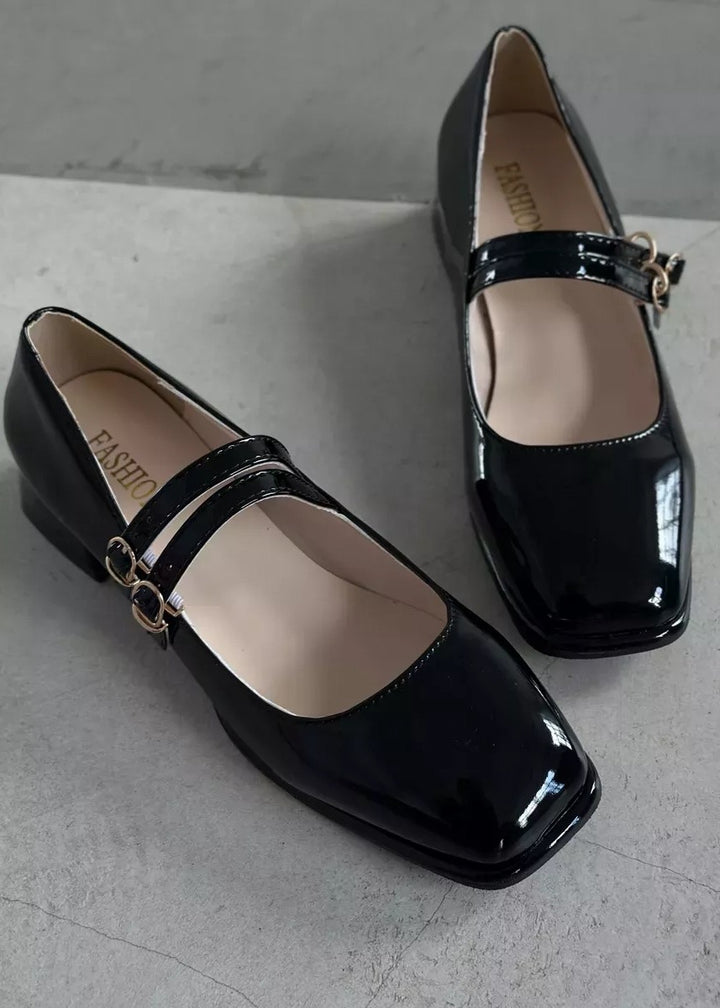 Patent Leather Square Toe Low Heel Shoes