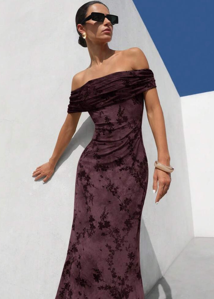 Floral Print Ruched Off-Shoulder Gown