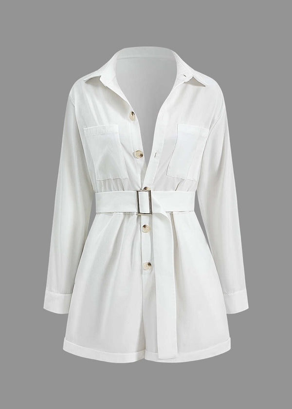 Long Sleeve Shirt Collar Belted Romper