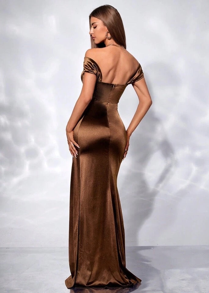 Off Shoulder Slit Thigh Draped Side Bustier Satin Dress