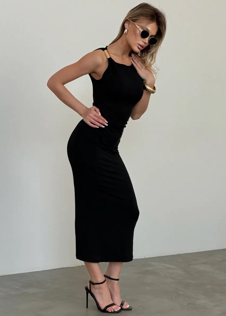 Draped Midi Dress with Gold Accent