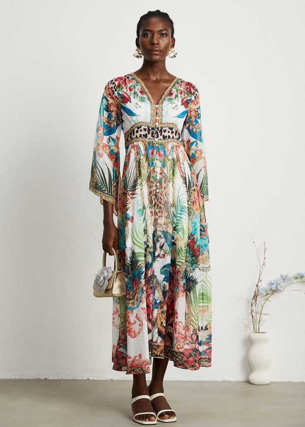 Printed V Neck Long Sleeve Maxi Dress