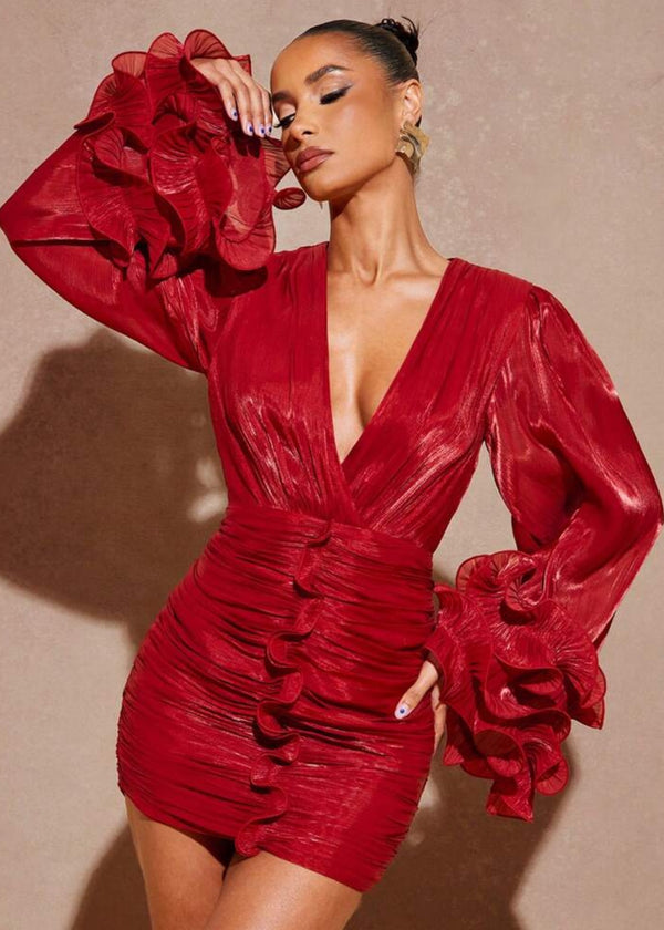 Plunge Neck Ruched Ruffle Mini Dress