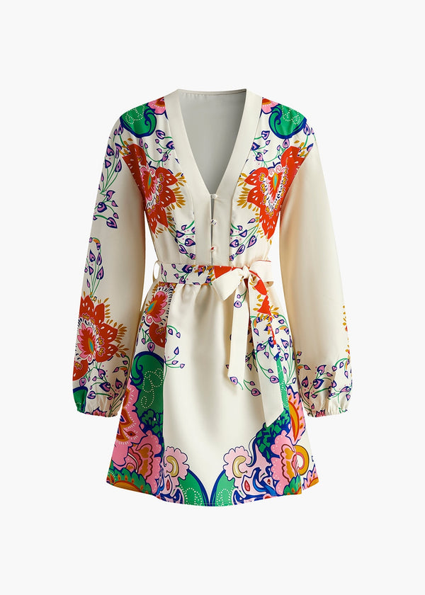 Printed V-Neck Lantern Sleeves Short Dress