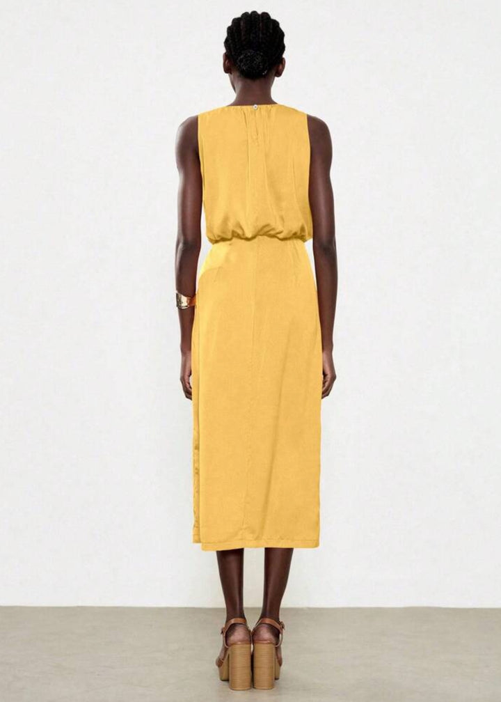 Sleeveless Side Slit Ruched Midi Dress