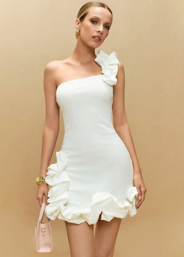 One Shoulder Ruffle Detail Mini Dress