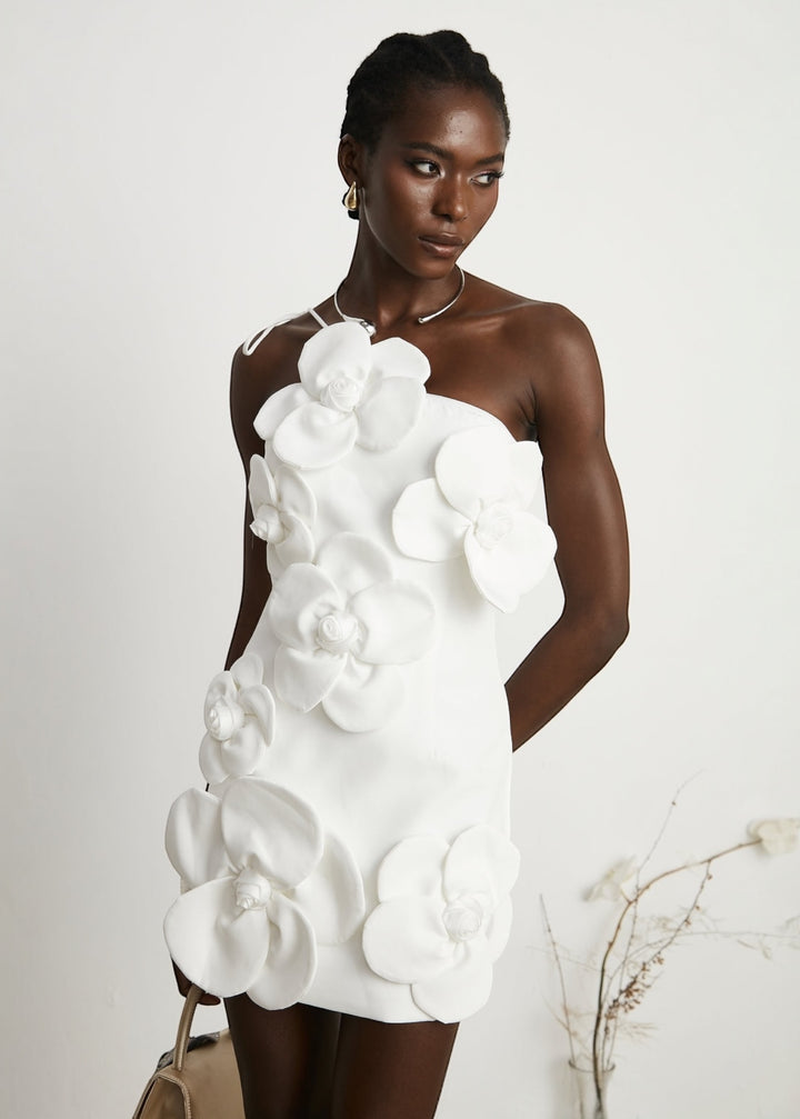 One Shoulder Floral Applique Tie Strap Dress