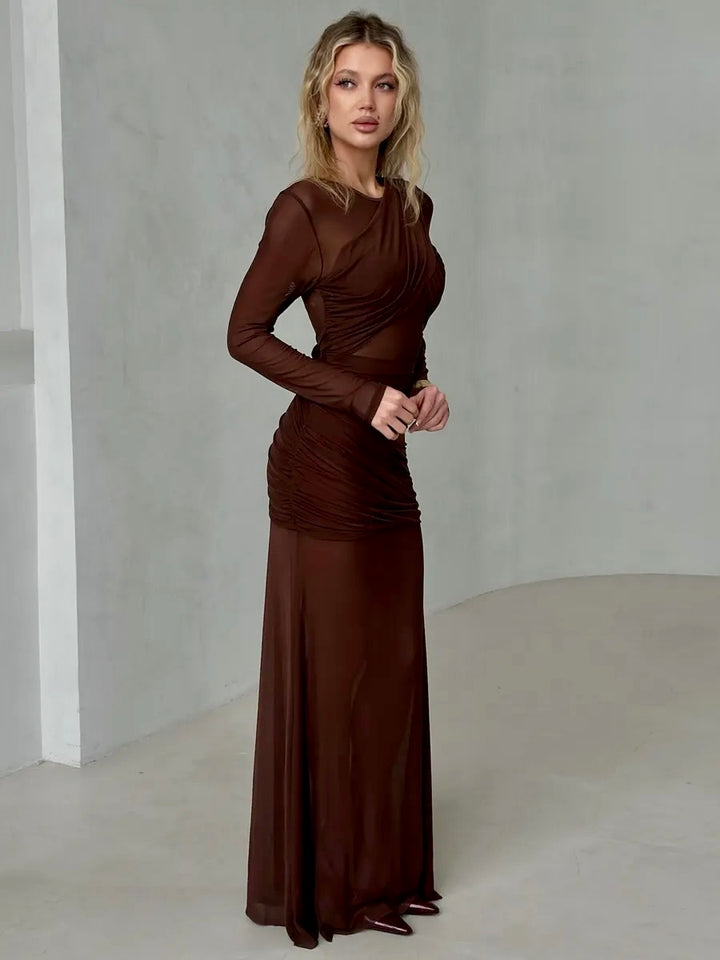 Long Sleeve Ruched Mesh Maxi Dress