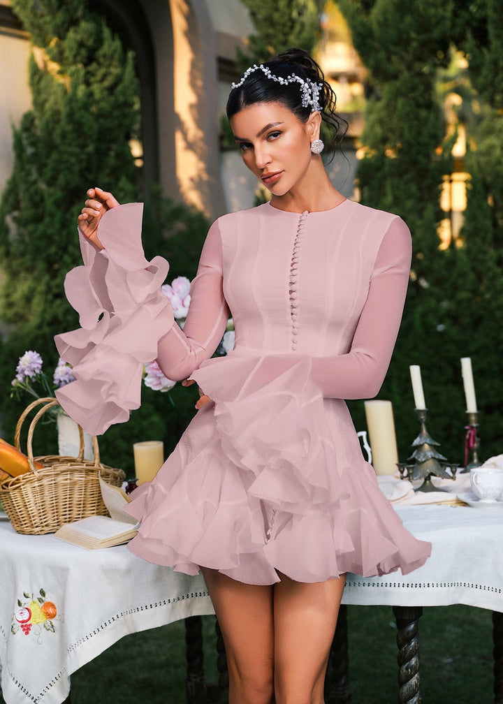 Sheer Sleeve Button Detail Ruffle Mini Dress