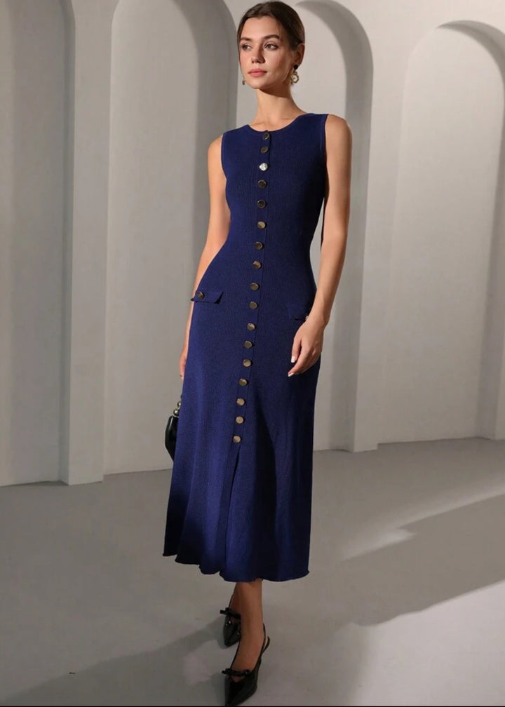 Sleeveless Button-Up Rib Knit Midi Dress