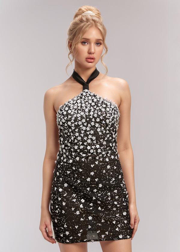 Bow-Tie Halter Sequined Mini Dress