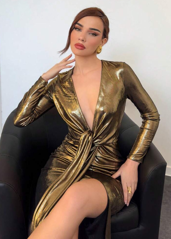 V-Neck Ruched Slit Wrap Metallic Dress