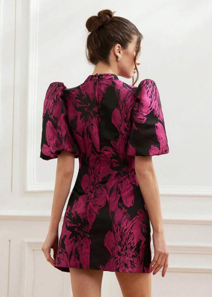 Jacquard Puff Sleeve Mock Neck Dres