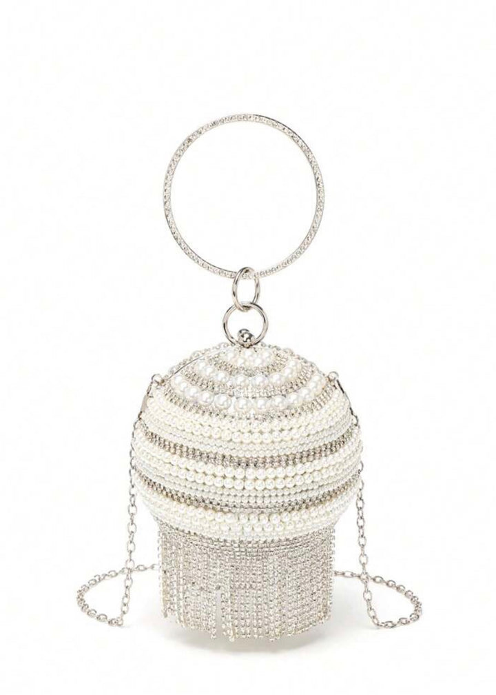 Mini Rhinestone & Pearl Fringe Detail Ball Evening Bag
