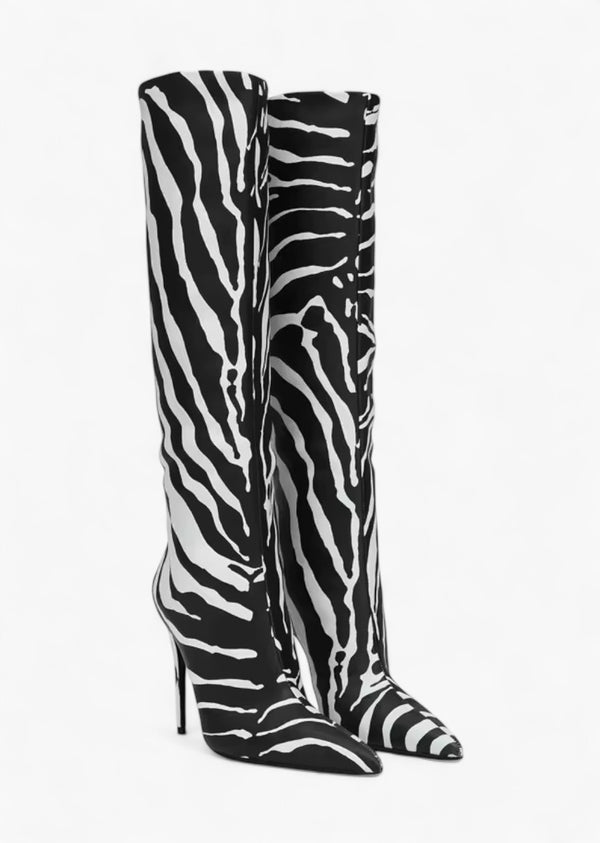 Zebra Pattern Pointed Toe Knee-Length Boots