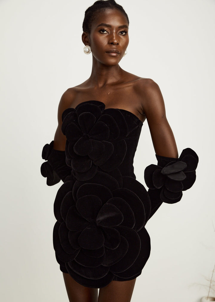 Velvet Floral Bustier Mini Gown with Gloves