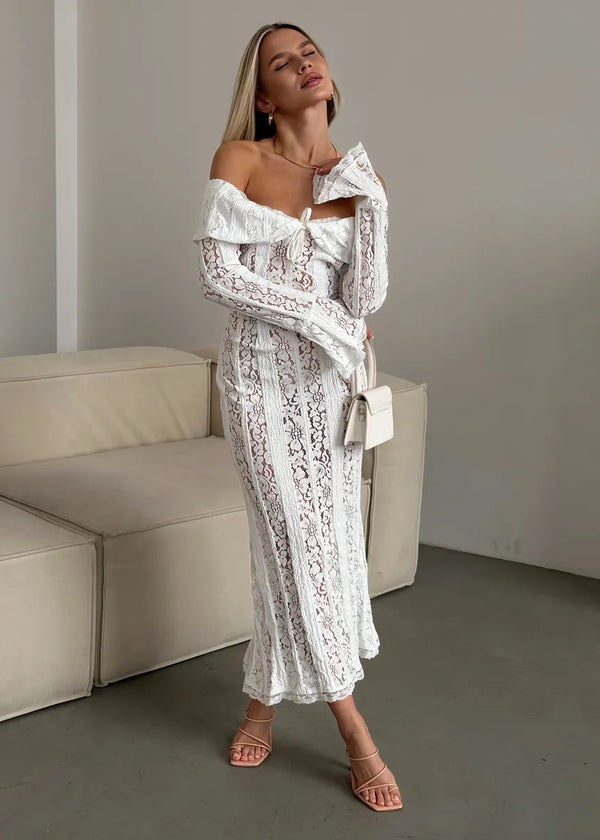 Off-Shoulder Long Sleeve Lace Maxi Dress