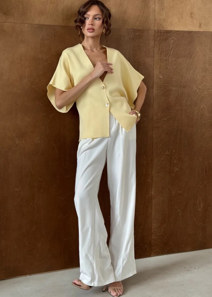 Button-Front V-Neck Loose-Fitting Top