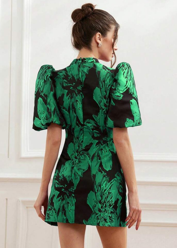 Jacquard Puff Sleeve Mock Neck Dres