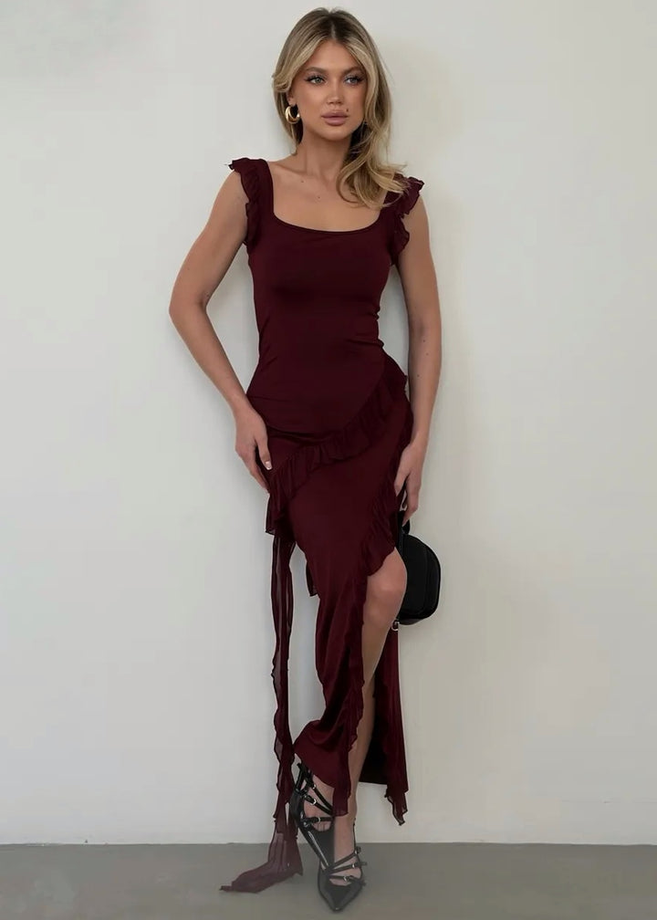 Scoop Neck Ruffle Decor Maxi Dress