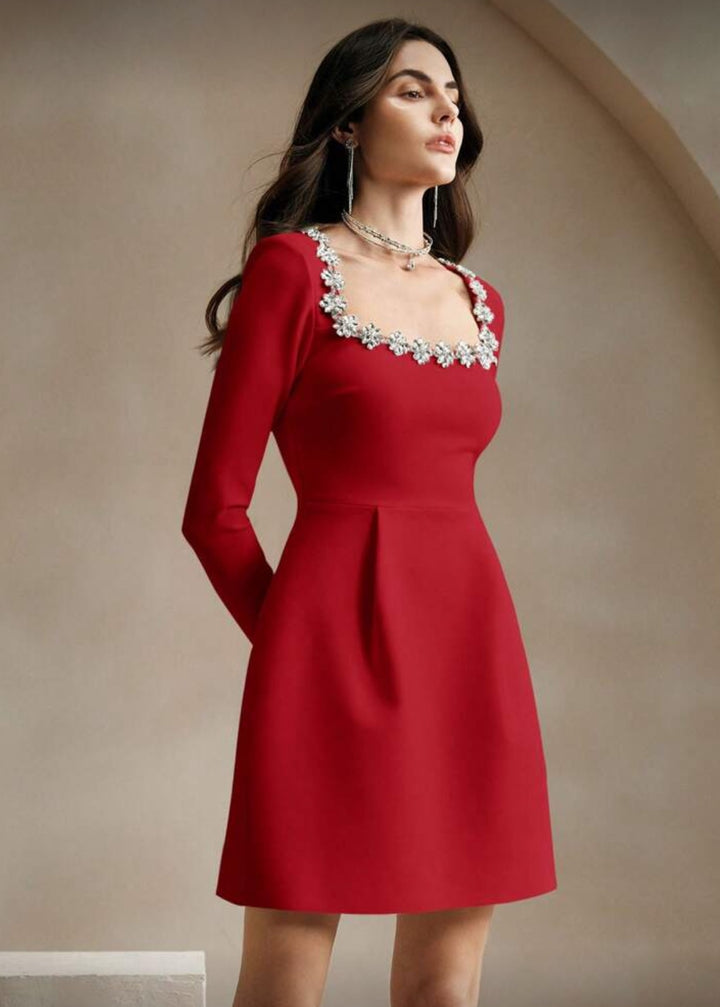 Square Neck Crystal Embellished Long Sleeve Mini Dress