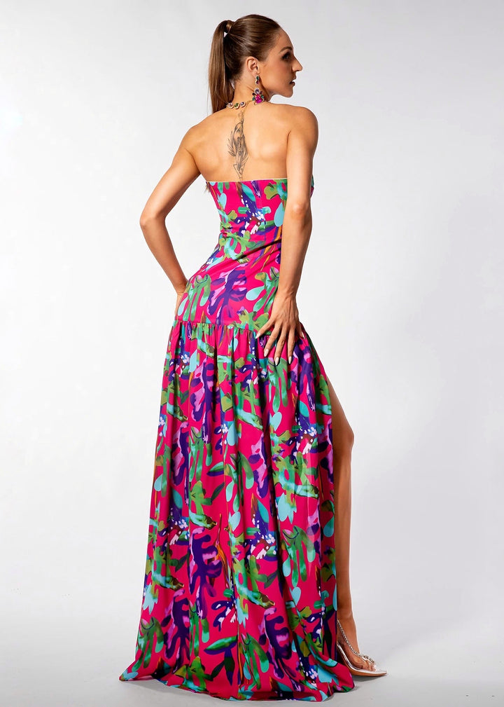 Floral Print Side Split Tube Maxi Dress