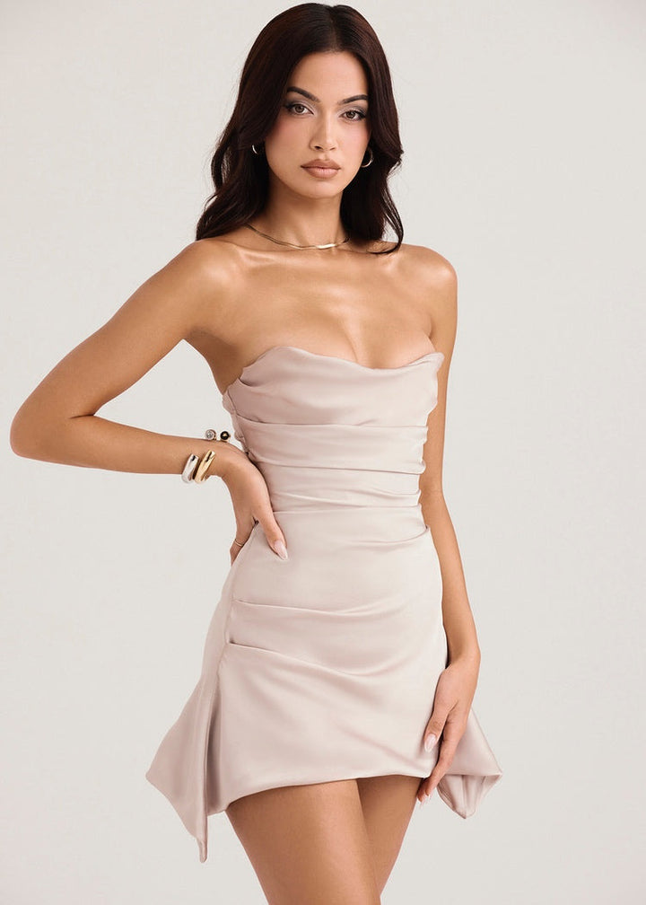 Double Layered Ruched Strapless Satin Dress