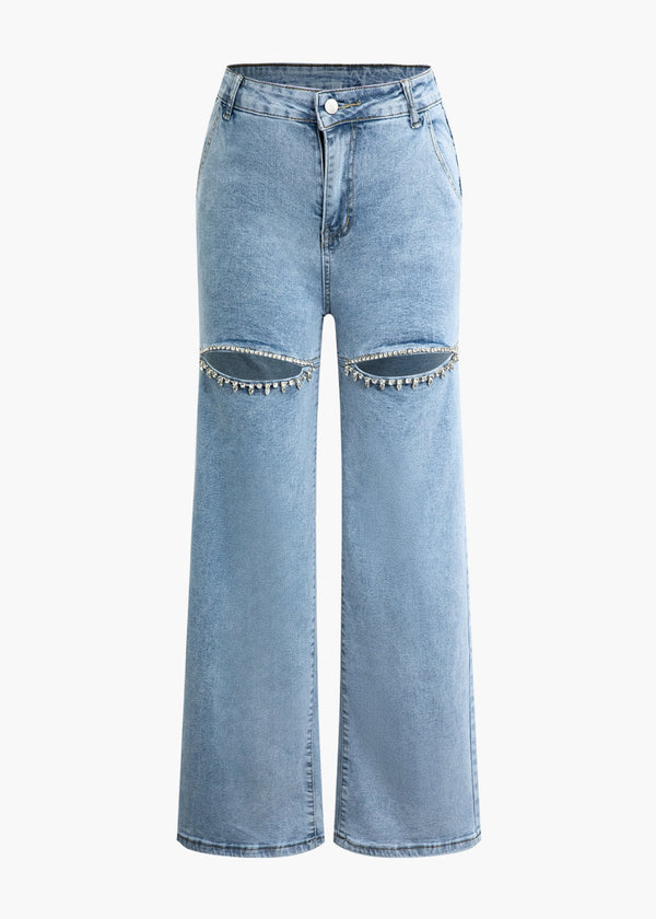 Rhinestone Embellished Cut-Out Straight Leg Jeans