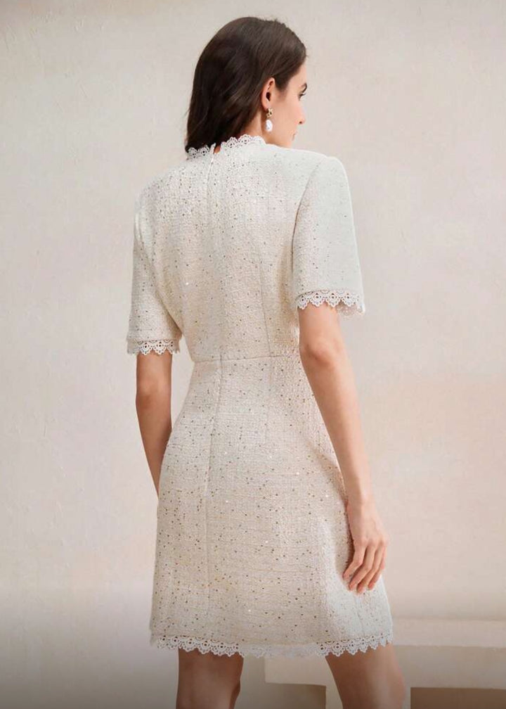 Tweed Button Front Lace Trim Mini Dress