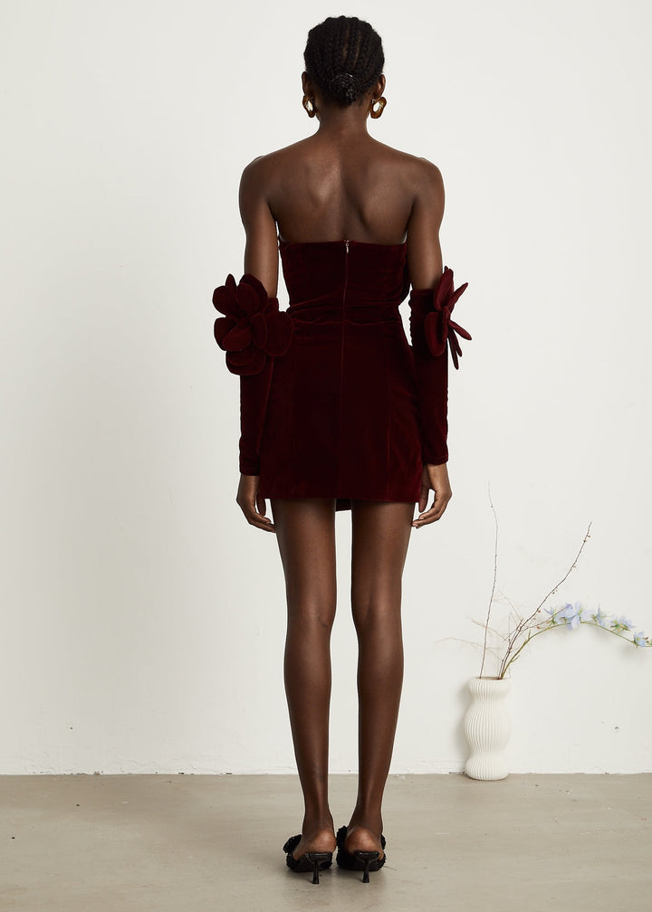 Velvet Floral Bustier Mini Gown with Gloves