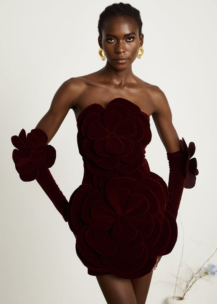 Velvet Floral Bustier Mini Gown with Gloves