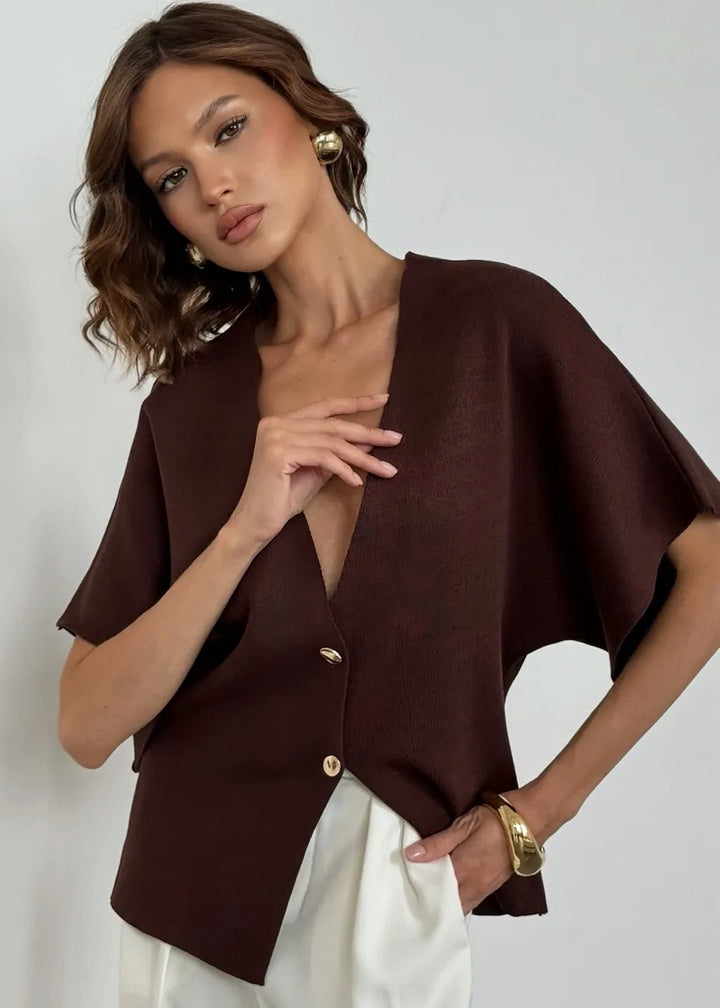 Button-Front V-Neck Loose-Fitting Top