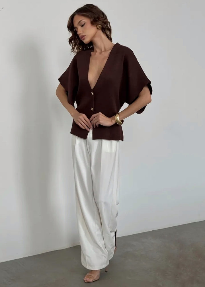 Button-Front V-Neck Loose-Fitting Top