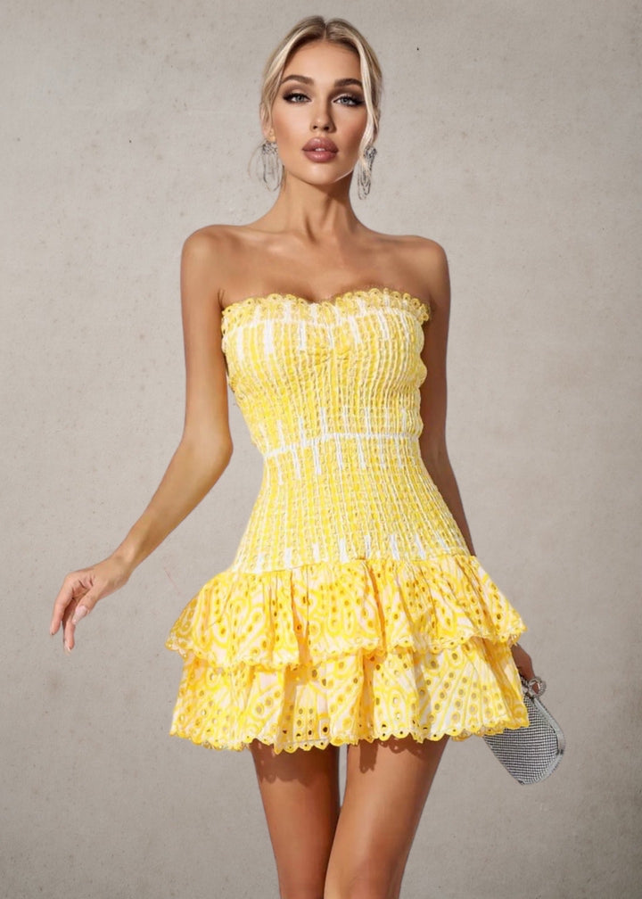 Strapless Layered Ruffled Hem Summer Mini Dress