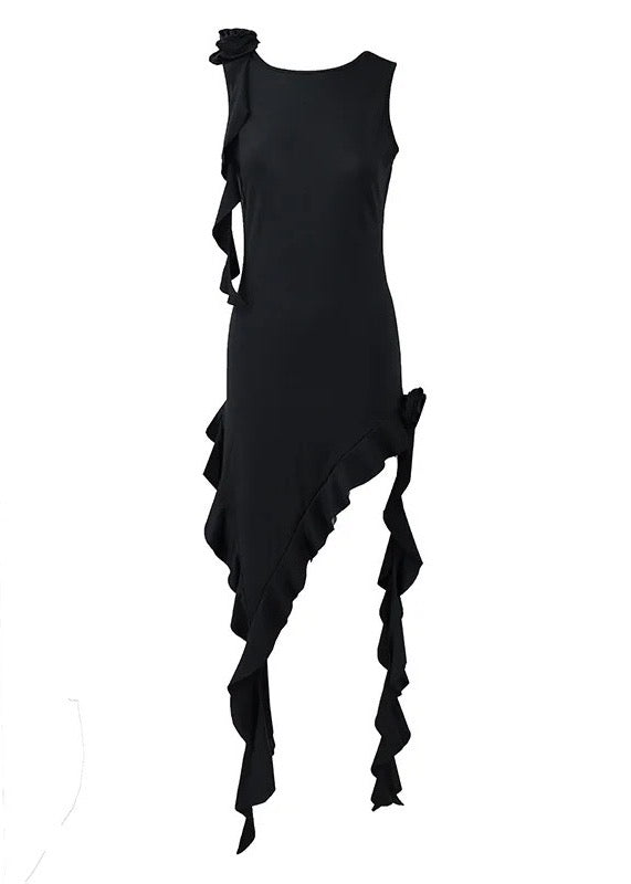 Backless Ruffle Trim Asymmetrical Hem Bodycon Dress