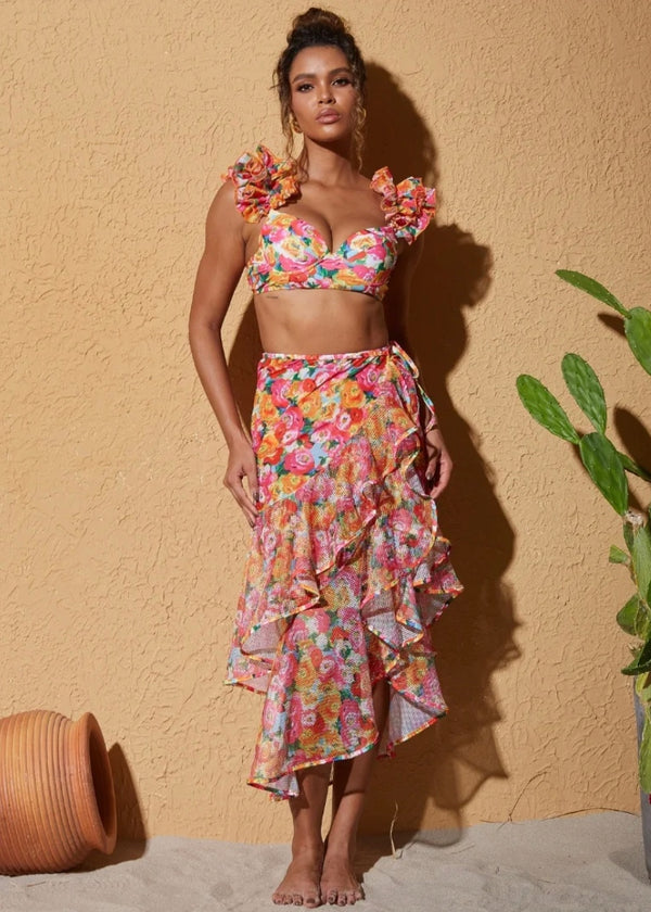 Floral Print Ruffled Two-Piece Bikini Swimsuit & Cover-Up Skirt