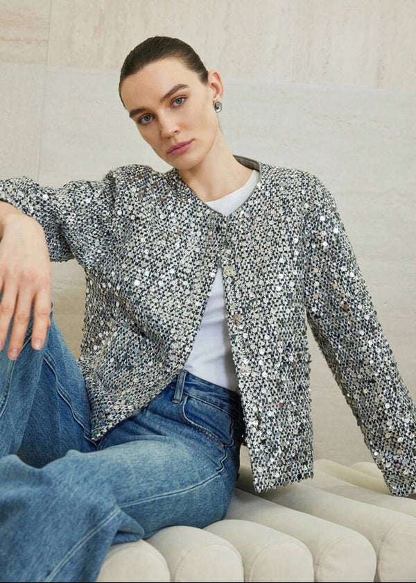 Round Neck Sequin Embellished Weave Jacket