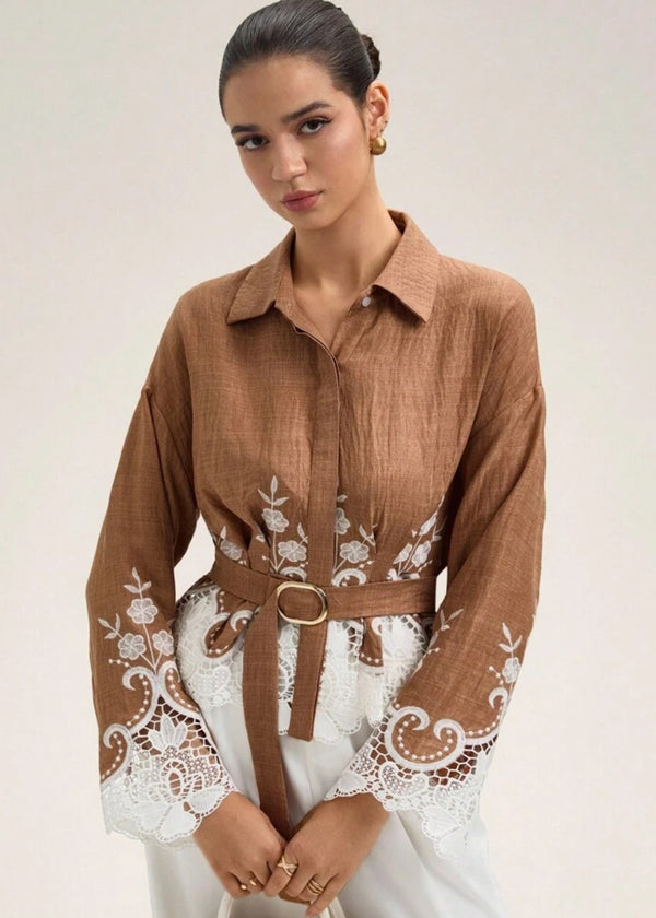 Button Front Collared Embroidery Long Sleeve Shirt