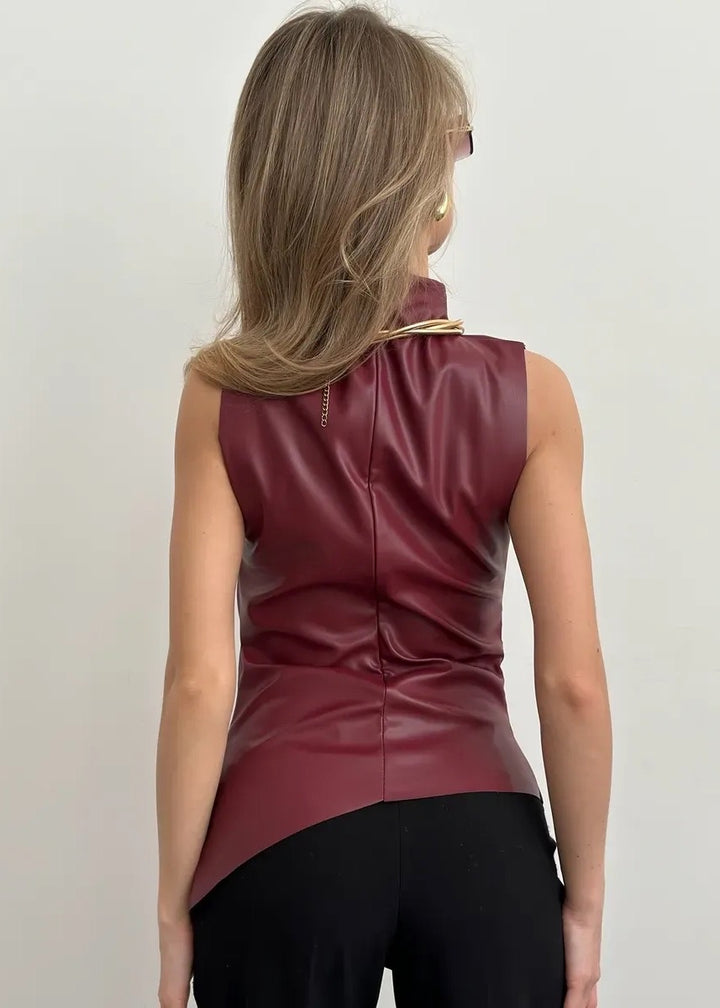 Asymmetrical Hem Eco-Leather Ruched Top